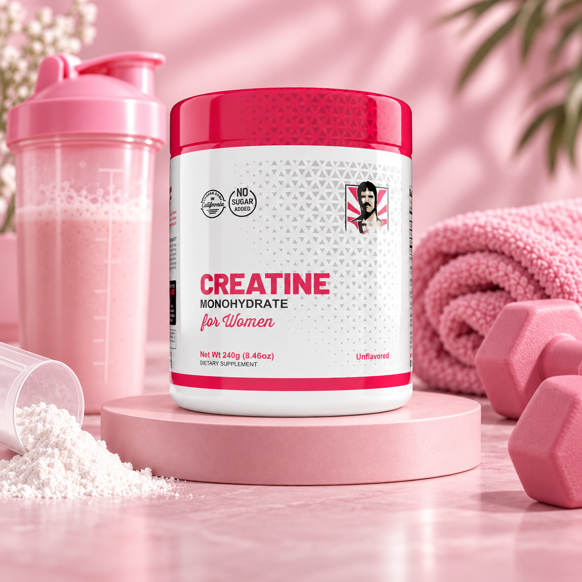 Creatina para mujeres presentada en podio rosa con accesorios fitness